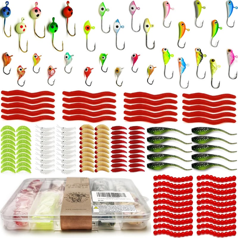 VMSIXVM Ice Fishing Jigs Lures, 180, 170, 160Pcs Glow Micro Winter Jig Heads Hooks Soft Plastic Worm Baits kit for Crappie Walleye Panfish, Ice Fishing Gear Equipment Tackle Accessories - Image 1